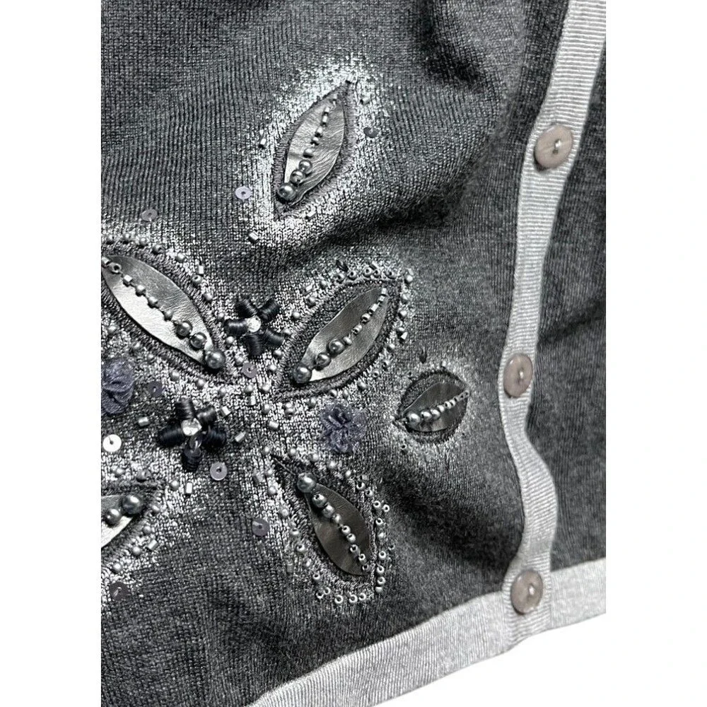 CJ Banks Cardigan Women's Size 2X Gray White Floral Rhinestones